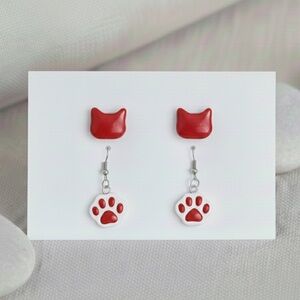 Cat Resin Earring Set - Handmade - Hypoallergenic - Red